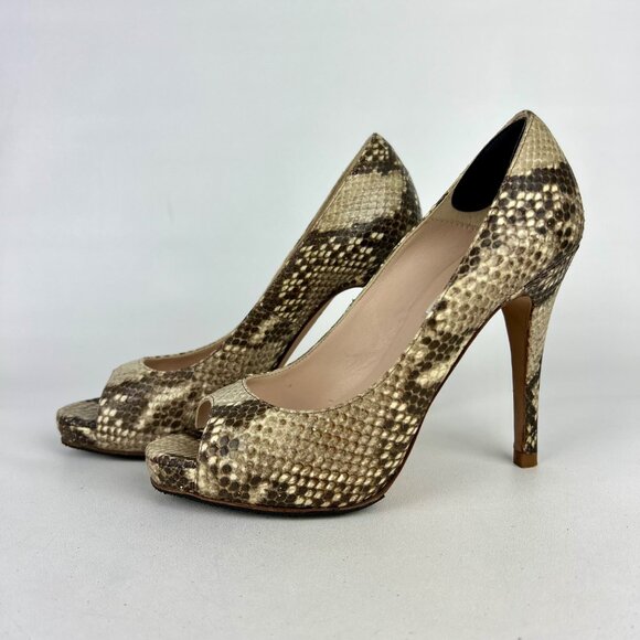 LK Bennett Womens Snake Embossed Peep Toe Pumps Brown Leather Heels size 36 US 6 - Picture 3 of 16